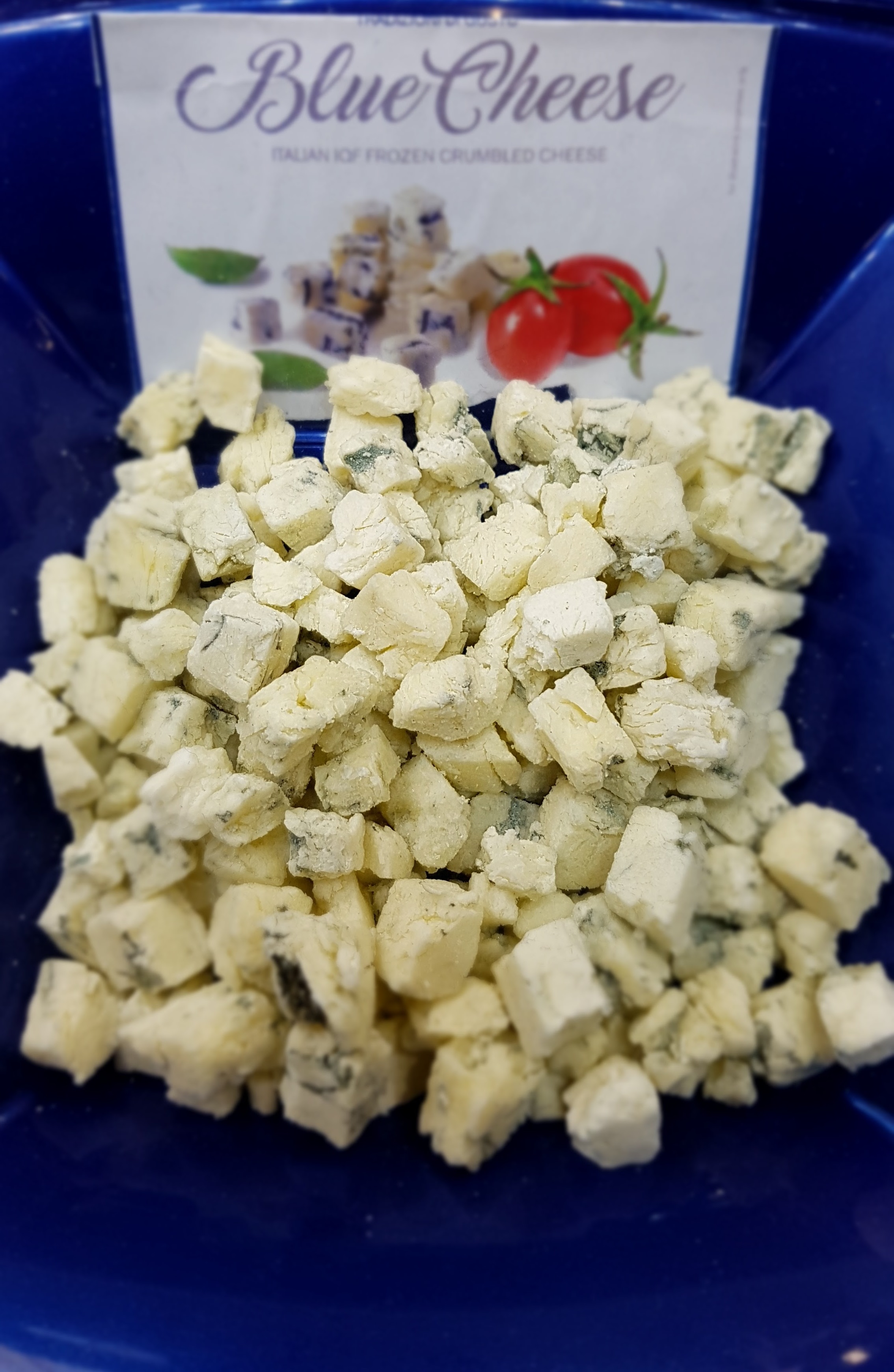 Italian IQF Frozen Crumbled Spicy Blue Cheese in bag of 1 Kg